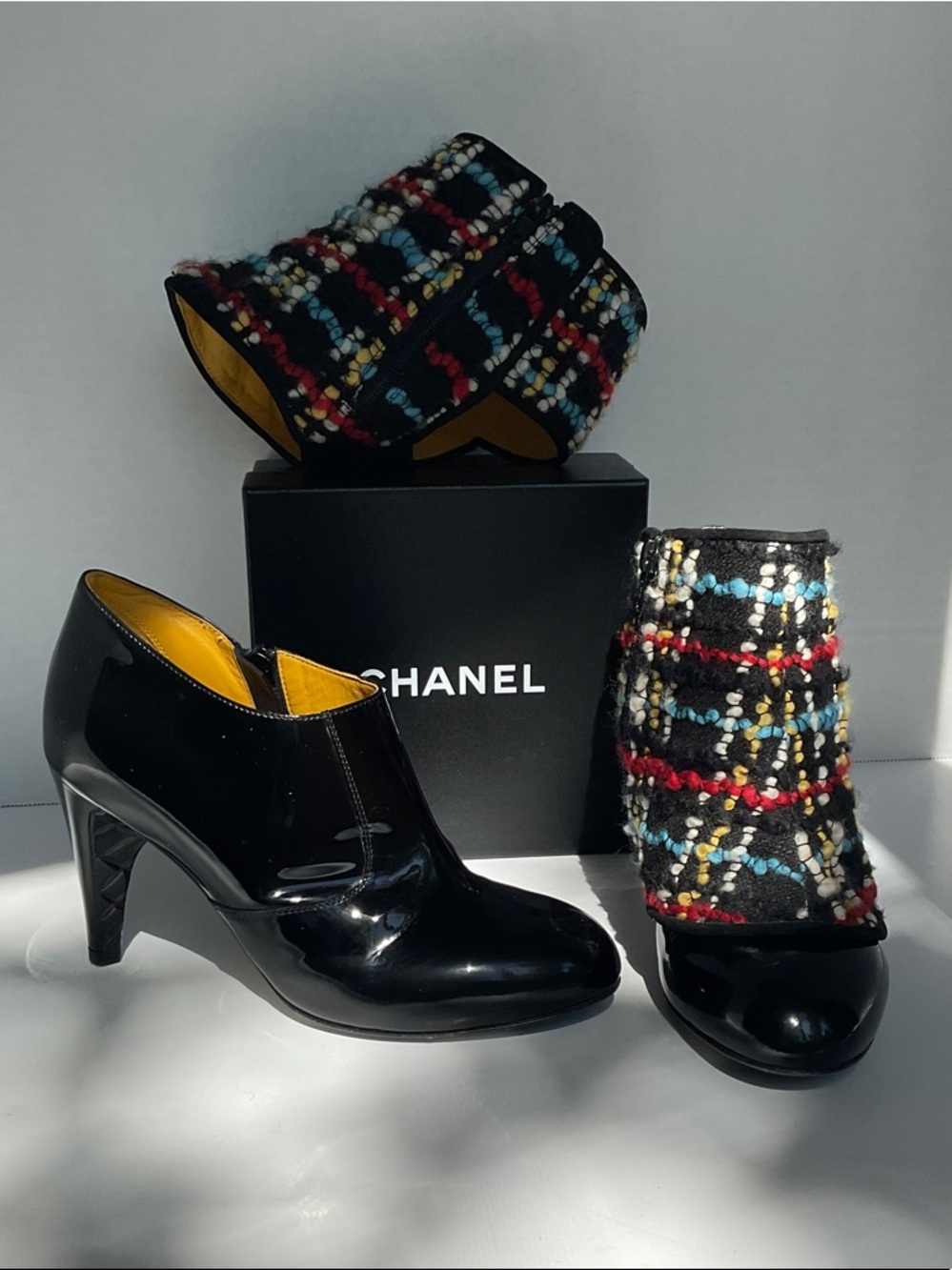 CHANEL Black Patent Leather Ankle Boots with Multicolor Tweed Shaft